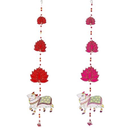 Handmade Wooden Cow and Lotus Wall Hanging for Home Decor - Red, Pink